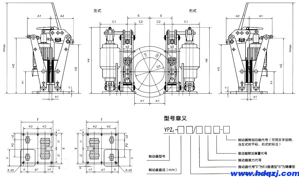 YPZ(2)ⅣⅤⅥ液壓臂盤式制動器外形尺寸/型號意義圖